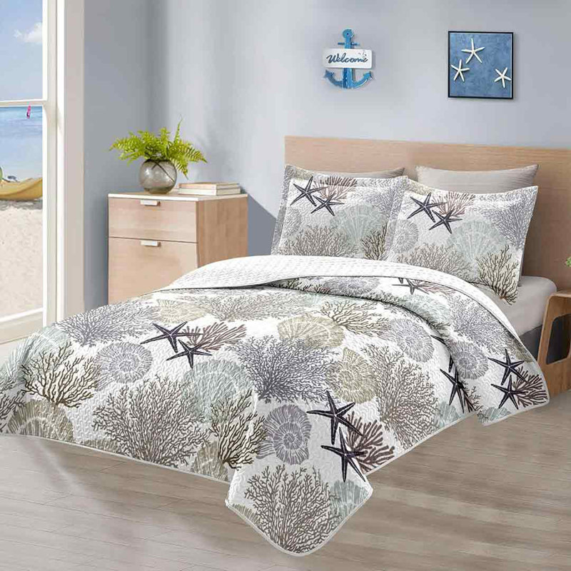 King Size Gray Coastal Reversible Microfiber Quilt Set