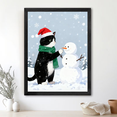 Black Framed Vintage Christmas Cat Wall Art Retro Style Framed Prints