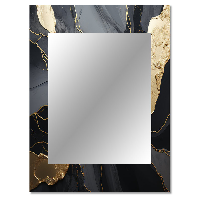 Minimalisme chrome noir et or Poteries - miroir mural décoratif spirales abstraites, miroir noir, art imprimé en métal