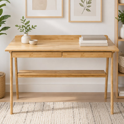Solid Wood Writing Desk with 2 Drawers, Storage Shelf, and Side Hooks