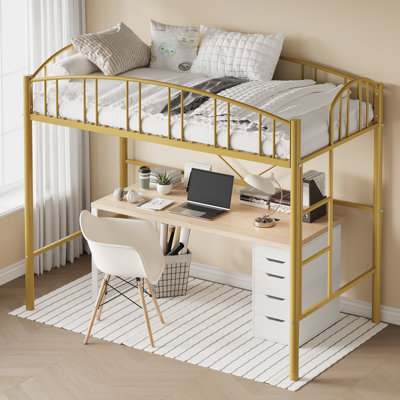 Lit mezzanine simple en métal doré - Structure en acier robuste avec escalier et garde-corps arqué - Dégagement sous le lit de 46,5 po, silencieux, sans sommier tapissier - idéal pour les enfants, les adolescents et les dortoirs