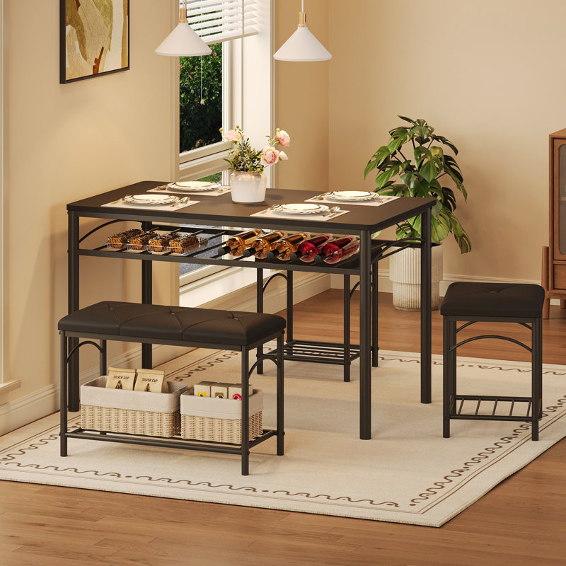 Ensemble de table de salle à manger industrielle 4 pièces avec rangement, table de cuisine rectangulaire avec support à vin, 2 tabourets et 1 banc, mobilier de salle à manger pour petits espaces