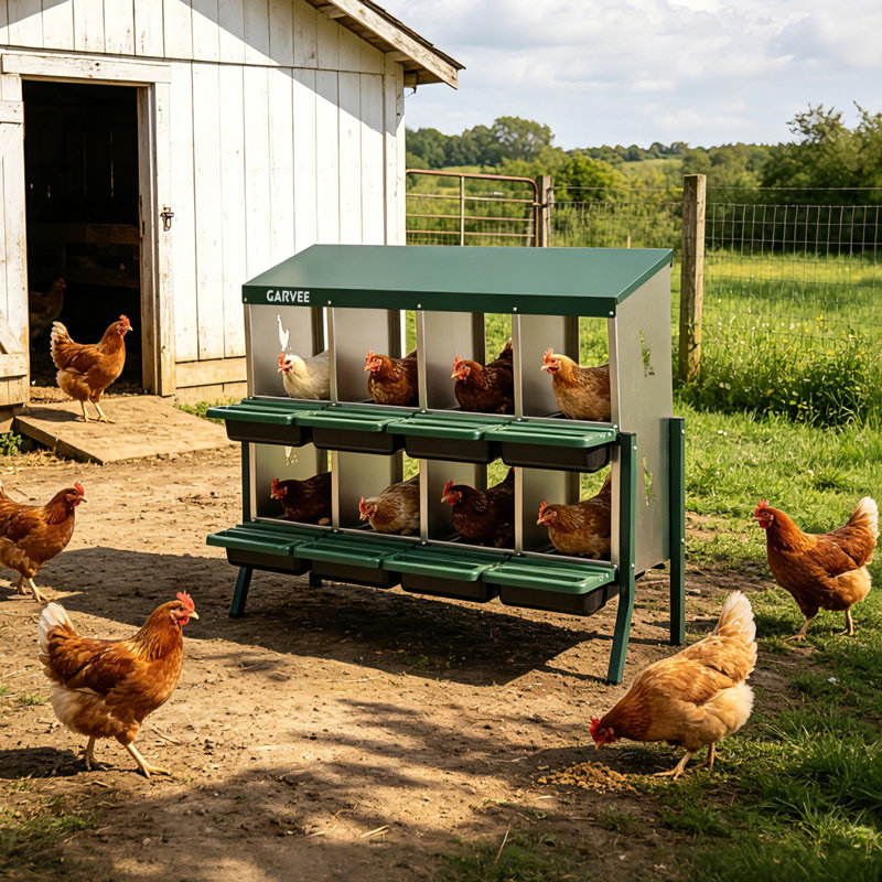 Boîte de nidification à 6 compartiments pour poulets en métal - robuste, ventilée, plateau et perchoir amovibles, facile à nettoyer, collection efficace d'œufs pour poules, canards, oies - vert avec motif de poulet - 6 compartiments