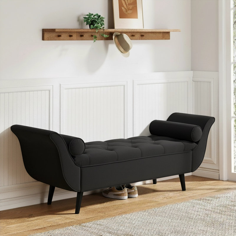 Velvet Upholstered Storage Bench, Black