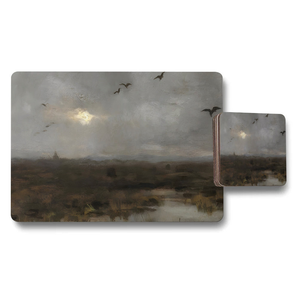 Moody Landscape Placemat And Coaster Set With Flying Birds Artwork