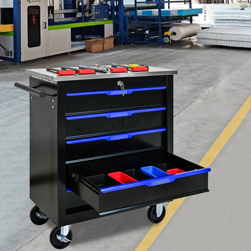 Chariot à outils à 5 tiroirs avec roulettes et serrure - bleu noir, matériau en acier laminé à froid, fiable pour une utilisation quotidienne + chariot bleu, finition thermolaquée, amovible, pratique