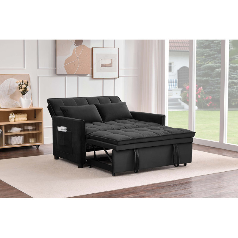 Canapé-lit convertible en velours de 128 cm avec lit gigogne et rangement latéral, Black Velvet