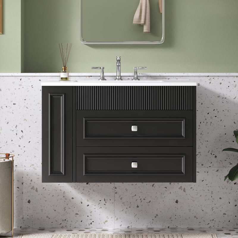 Meuble-lavabo mural contemporain de 30 pouces avec 2 tiroirs, lavabo simple en céramique à 3 trous, conception flottante peu encombrante