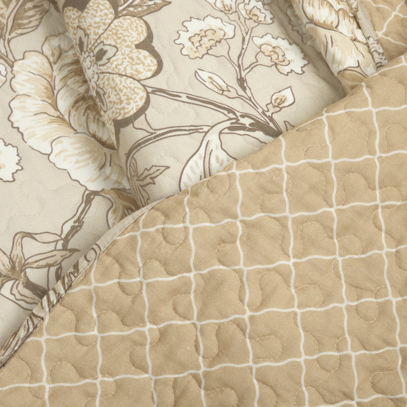 Neutral Floral Cotton King Reversible Quilt Set