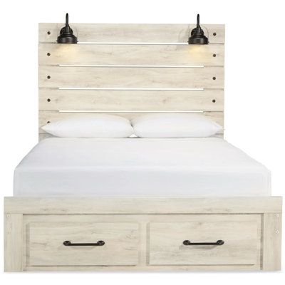 Cemy Queen Size Bed, 2 Footboard Drawers, 2 Sconce Lights, Whitewash