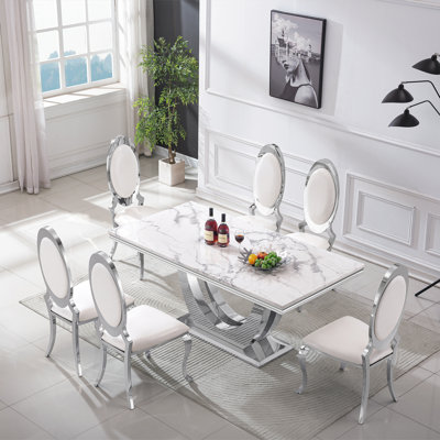 Ensemble de table de salle à manger 7 pièces, table en bois aggloméré à imprimé marbre avec chaises en velours et polyuréthane, base en acier inoxydable - 6 sièges
