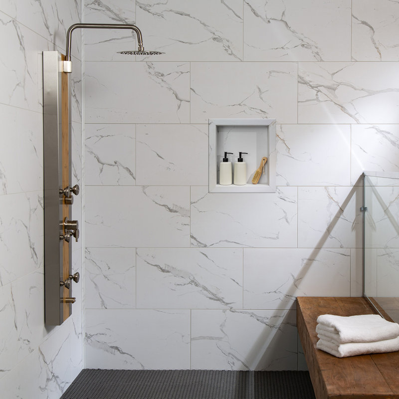 Palisade 25.6 in. x 14.8 in. Interlocking Vinyl Waterproof Wall Tiles, Carrara Marble