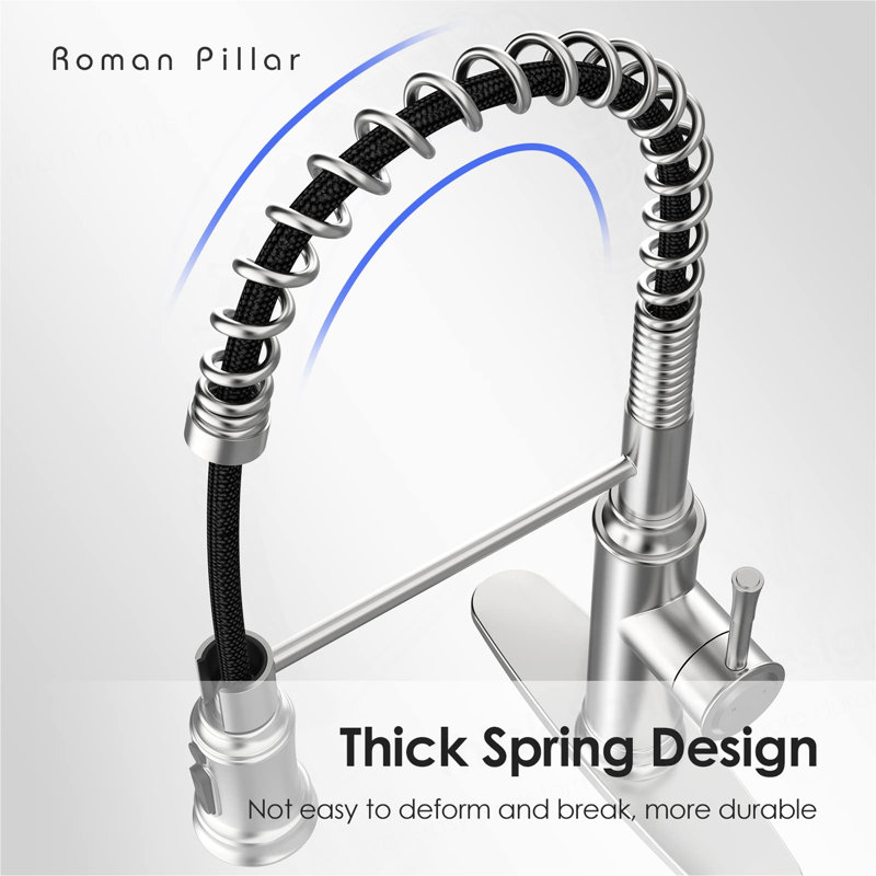 Robinet de cuisine - Robinet d'évier de cuisine à ressort avec pulvérisateur rétractable à 3 modes, poignée simple et plaque de pont pour 1 ou 3 trous, rotation à 360 °, acier inoxydable sans plomb pour barre de RV