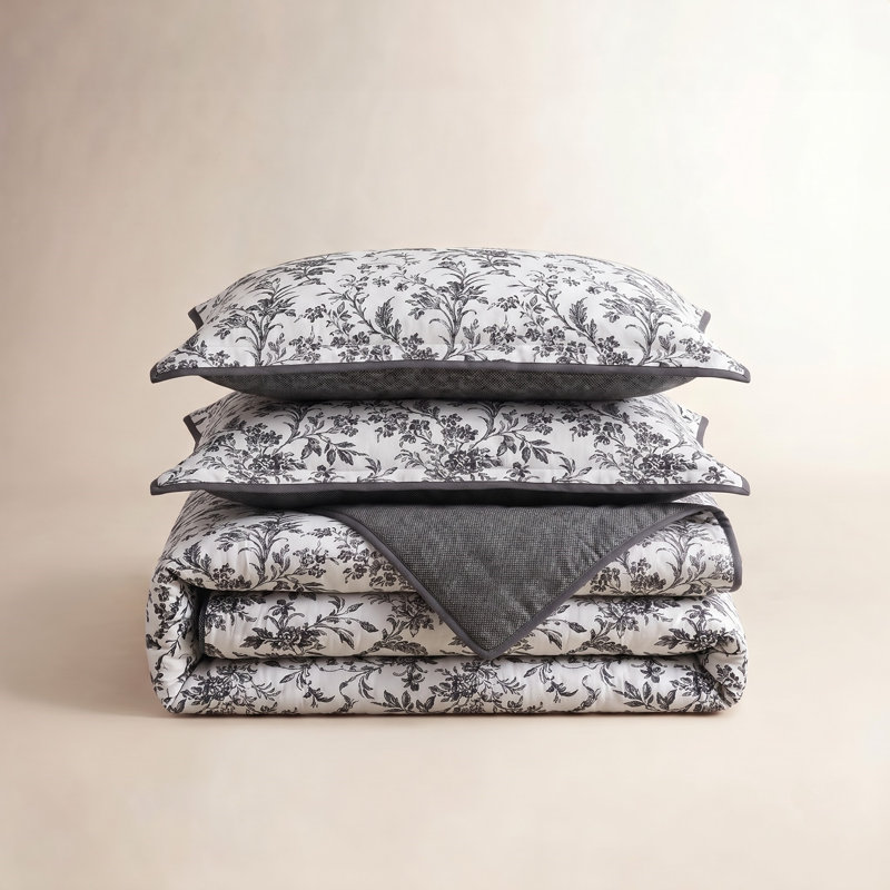 Laura Ashley Amberley Reversible Cotton Quilt Set, King Quilt + 2 Shams, Black