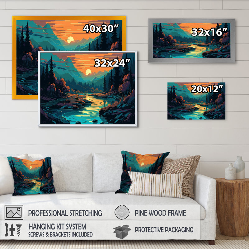 «Vibrant Forest with Sunrise II», reproduction, H 12 po x l 20 po x P 1 po, Cadre flottant doré