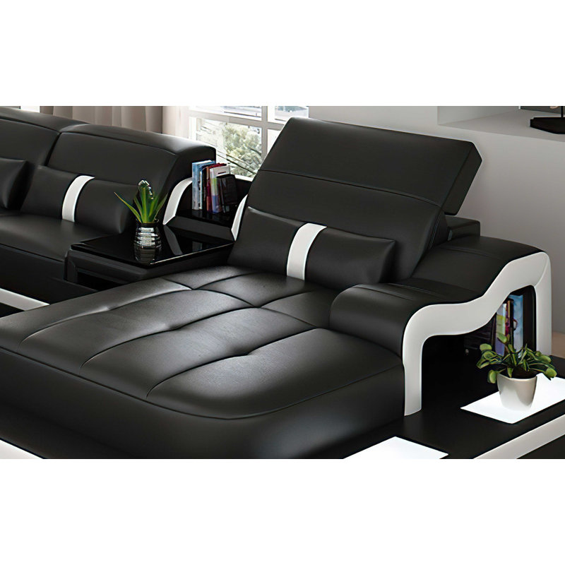 Canapé modulaire en cuir avec repose-pieds Arunvir Aphra, Accoudoir à droite (vu de face), Cuir synthétique noir