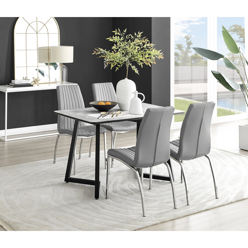 Marble Effect Melamine Dining Table and Chairs - 4 Luxury Velvet Dining Chairs, Grey/Silver