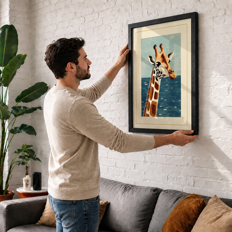 Giraffe Emerges Coastal - Framed Print, A2 - 59.4 x 42.0 cm, Black
