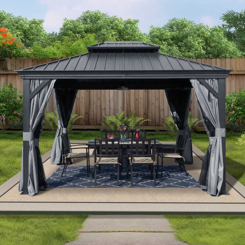 Kozyard Alexander Gray Double Roof Hardtop Gazebo with Privacy Curtain Mosquito Netting, 12 (ft) x 10 (ft)