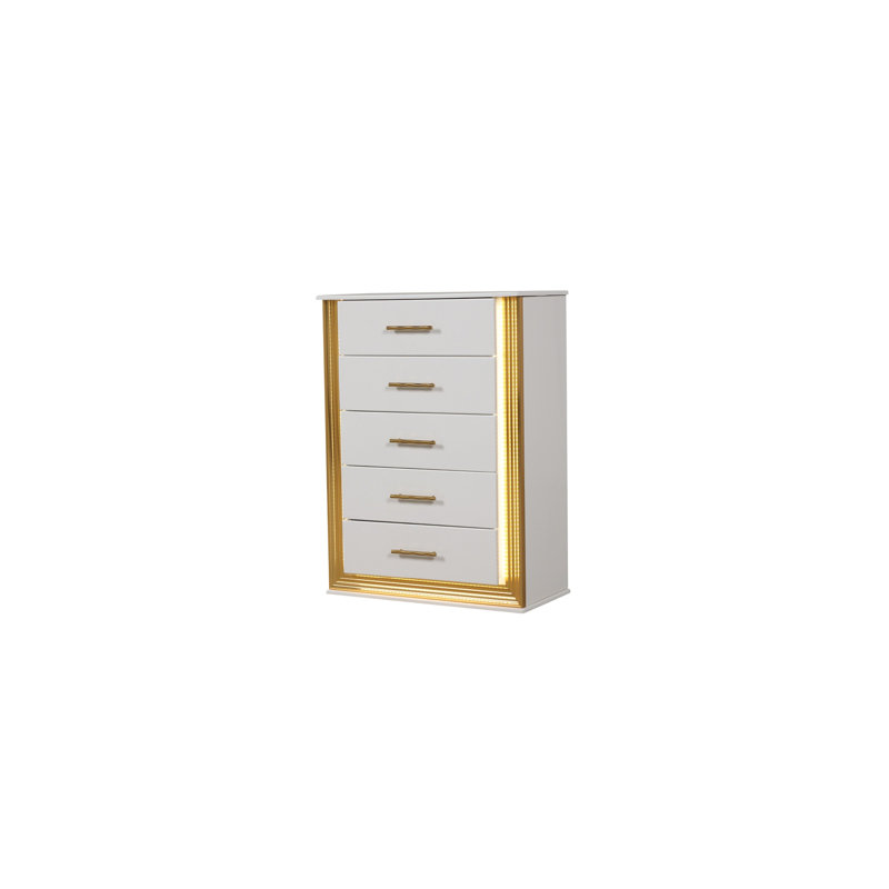 Commode 5 tiroirs Obsession contemporaine - Commode en bois blanc avec lumières DEL, mobilier de rangement moderne