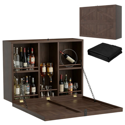 Bar escamotable mural en bois avec comptoir de service rabattable et compartiments de rangement