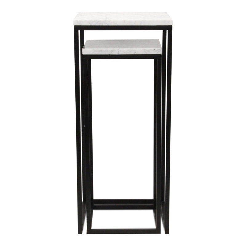 Set of Two White and Black Marble and Steel Square Frame Nested Tables