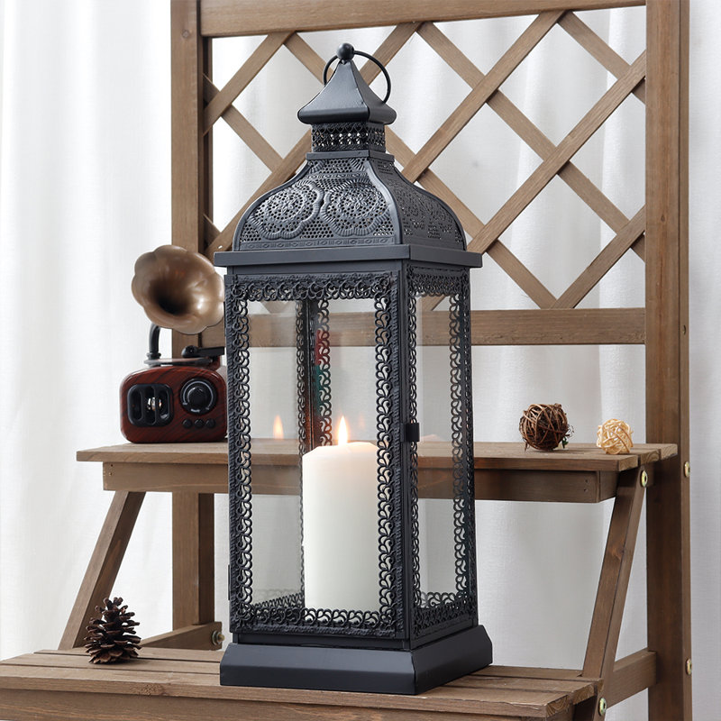 19''H Rustic Style Metal Candle Lantern, Black