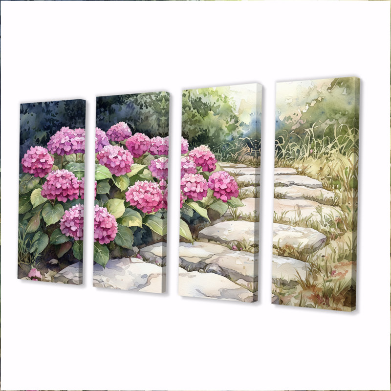 Hortensias par le chemin de pierre III - art mural hortensia - décoration murale traditionnelle, 4, H 28 po x l 48 po