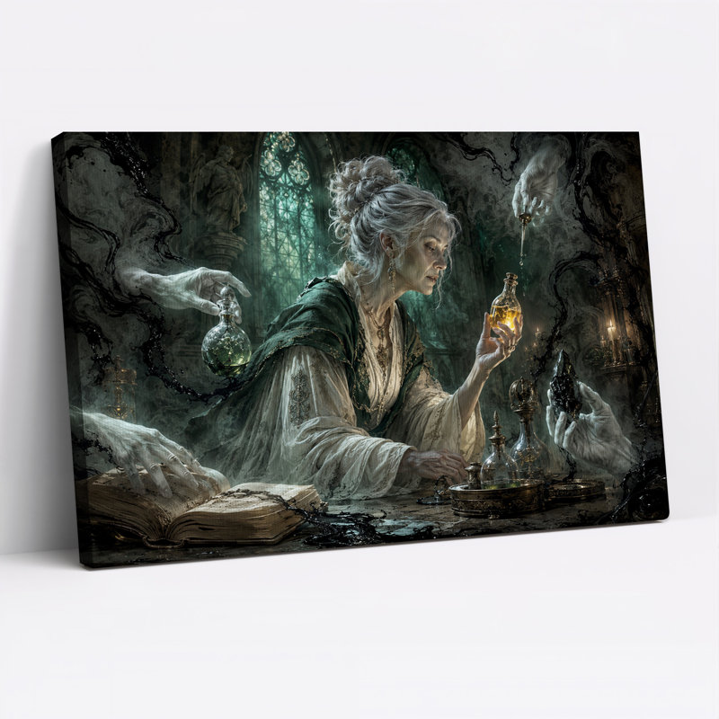 Alchimiste préparant une potion avec des mains flottantes - Toile murale d'Halloween, H 28 po x l 40 po