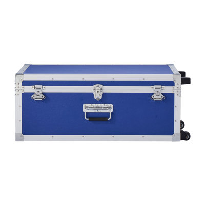 Metal Storage Trunk, Set of 2, Wooden Suitcase Storage Boxes with Padlocks, Large Trunk Includes Casters and 3 Metal Handles, Decorative Store Chest with Lids for Travel, Apartment, Dorm, Blue