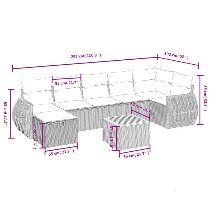 8 Piece Patio Sofa Set With Cushions Poly Rattan, Light Blue, Black