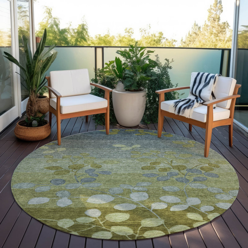 Machine Washable Indoor/Outdoor Xhevrie Olive Rug, Round 8'