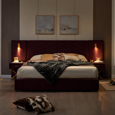 YDT Velvet Upholstered Platform Bed, Vertical Channel Tufted Wingback Headboard