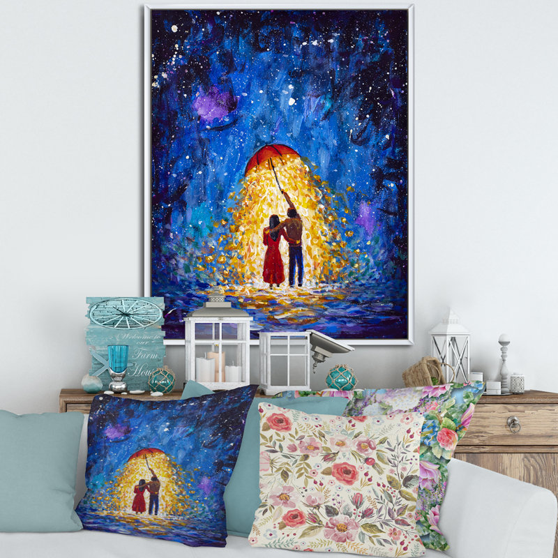 Couple in Love Walks Under Glowing Umbrella - peinture sur toile, Cadre flottant blanc, H 40 po x l 30 po x 1,5 po