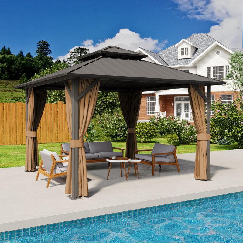 12ft x 12ft Aluminum Patio Gazebo, Outdoor Gazebo with Galvanized Steel Roof, Privacy Curtains & Mosquito Netting for Patio, Garden and Backyard