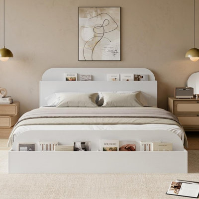 Structure de lit plateforme en bois avec tête et pied de lit avec rangement, profil bas, support à lattes, silencieux, sans sommier, simple / double / grand