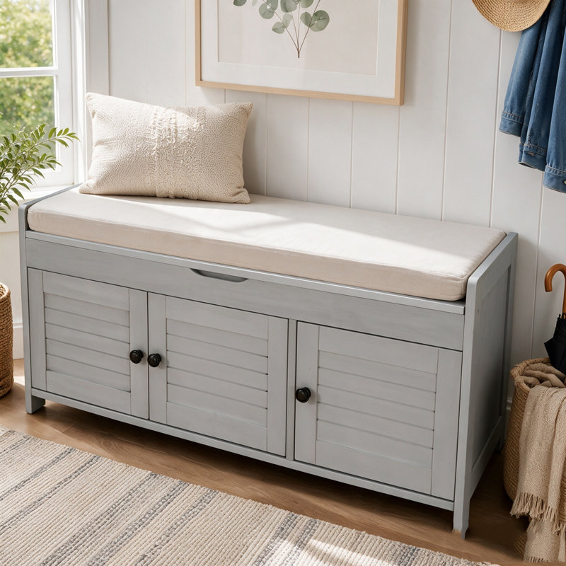 Banc de rangement rustique avec portes à volets et compartiment caché, Gris délavé