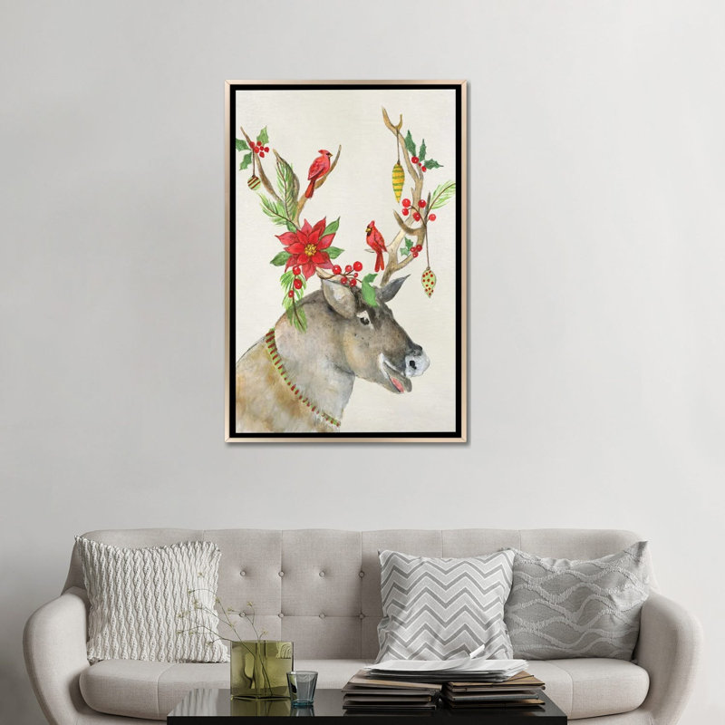 Playful Reindeer I - reproduction d'art murale - toile encadrée, H 48 po x l 32 po, Reproduction encadrée sans passe-partout
