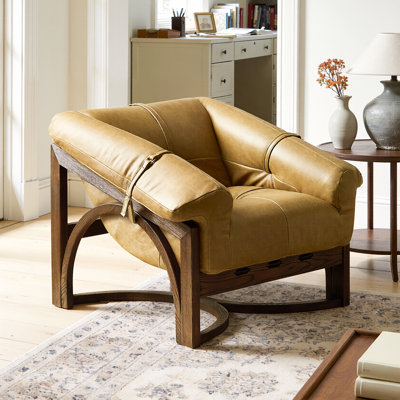 Rod 33.5'' W Tufted Top-Grain Leather Accent Leisure Lounge Armchair with Ash Wood Base