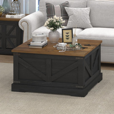 Farmhouse Coffee Table with Hidden Storage Compartment,Square Coffee Table for Living Room, Wood Center Table with Hinged Lifting Tabletop for Home