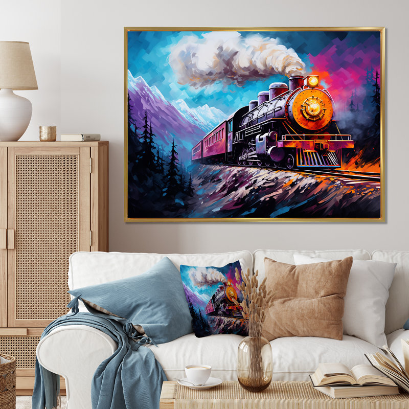 Steamtrain Travelling In Winter Snow, reproduction d'art sur toile, H 34 po x l 44 po x P 1,5 po, Cadre flottant doré