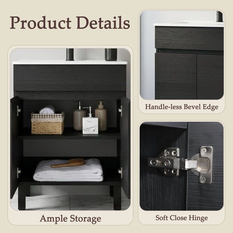 24'' Modern Freestanding Single Bathroom Vanity With Ceramic Top, Black