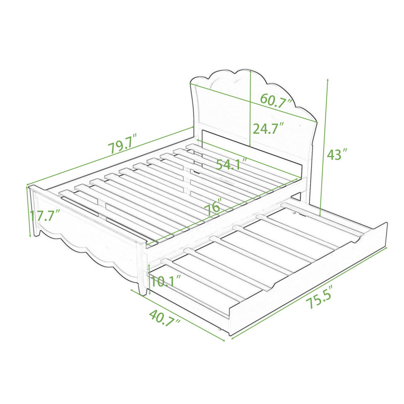 Lit plateforme en bois avec lit gigogne, Blanc, Simple
