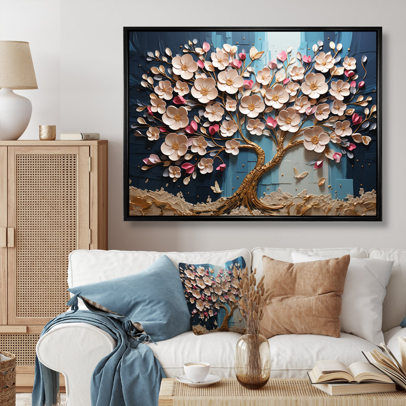 «Blue and White Orchid Tree Garden Of Branches I», reproduction d'art sur toile encadrée, Cadre flottant noir