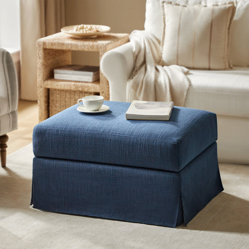 Lessman Farmhouse 30'' W Upholstered Slipcover Ottoman with Storage and Flip-Top Tray, Navy Polyester Blend
