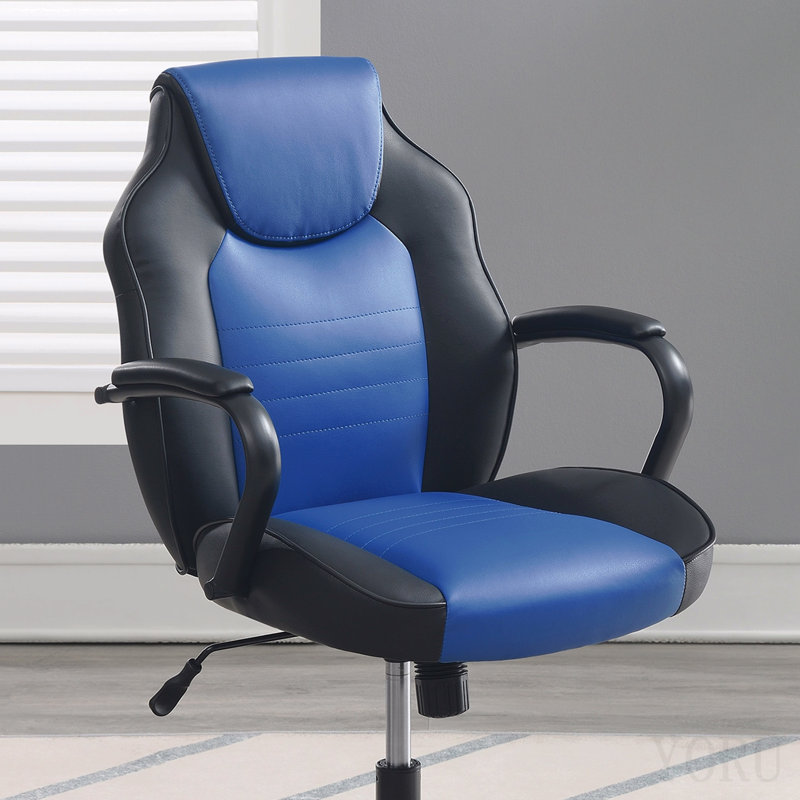 Gaming Office Chair Blue And Black Faux Leather 1pc Chairs Casters Plush Padded Chair W Arms Comfortable Modern Stylish