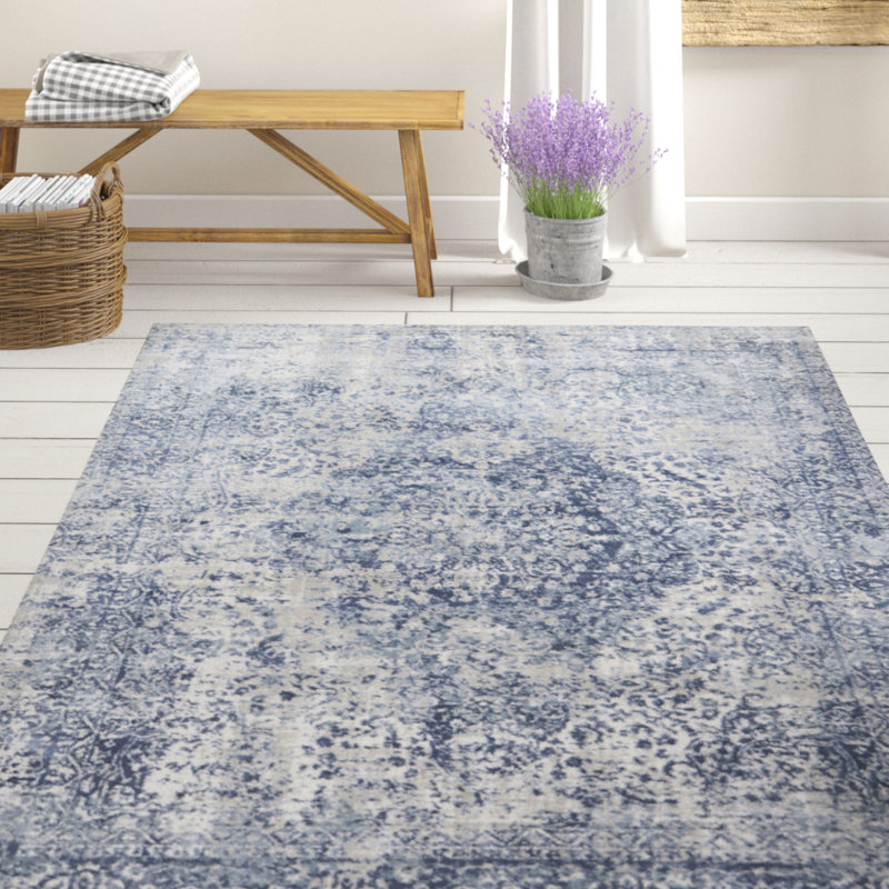 Tapis bleu tissé à la machine Jent, Rectangle 9 pi 6 po x 13 pi