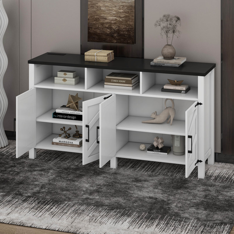 Buffet moderne à 4 portes avec tablettes réglables et armoire de rangement semi-ouverte, Blanc/Noir