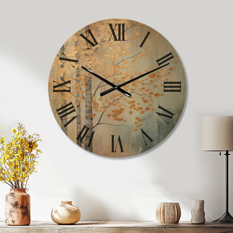 Horloge murale nature minimaliste en bois - Minimalisme, arbres dorés et bleus, scène V, Large