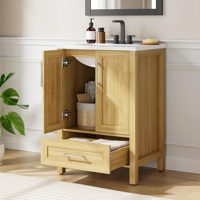 Meuble-lavabo 24 po avec lavabo, meuble-lavabo autoportant en bois avec tiroir, bois naturel, 24", Bois naturel